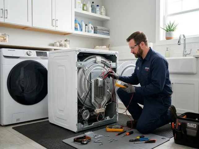 Appliance Repair Hero technician checking a dryer heating element with the rear panel off in Alpine, CA
