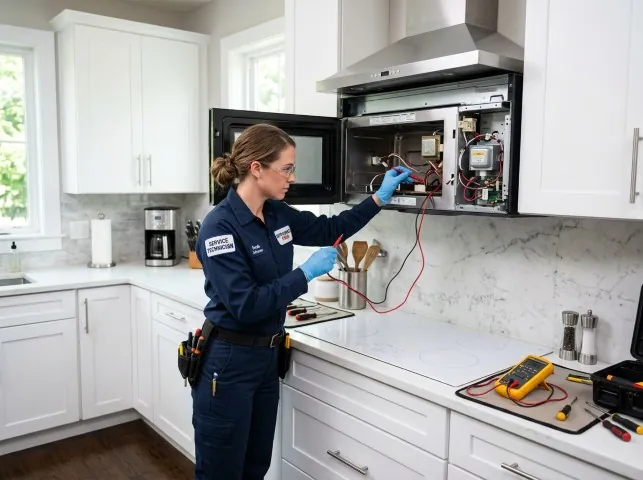 Appliance Repair Hero technician testing an over-the-range microwave in a Alpine, CA kitchen