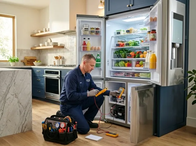Appliance Repair Hero refrigerator technician testing a fridge on a Alpine, CA service call