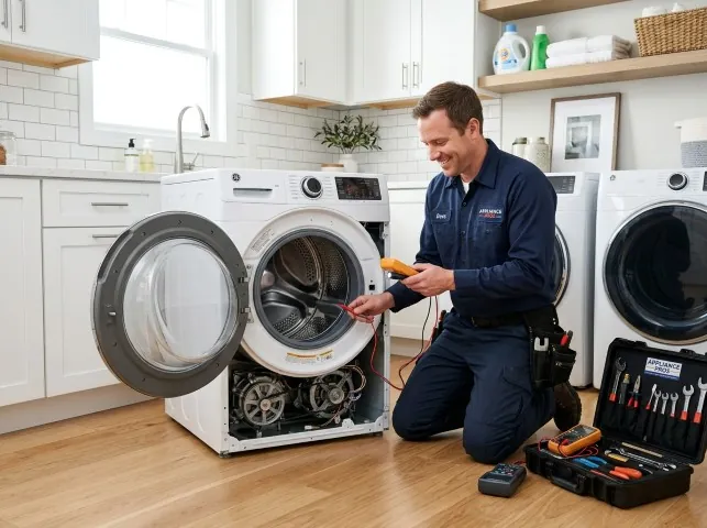 Appliance Repair Hero technician testing a front-load washer with a multimeter on a Alpine, CA service call